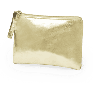 A metallic gold purse with a zipper closure and a wrist strap, featuring a smooth, shiny surface.