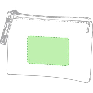 A zippered purse in white with a green rectangular patch, featuring a logo on the side.