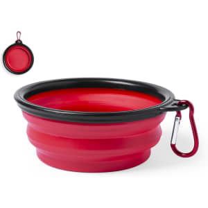 A red foldable bowl with a black rim and a carabiner clip, ideal for pet accessories.