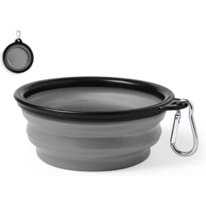 A foldable pet bowl in grey and black, featuring a carabiner for easy attachment.