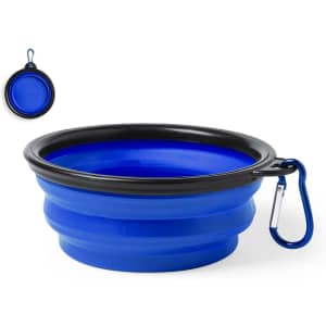 A foldable pet bowl in blue and black with a carabiner for easy attachment. Features a smooth, rounded design.