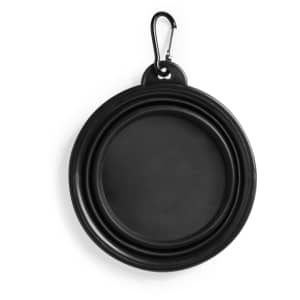 A black foldable bowl with a carabiner clip for easy attachment. It features a smooth, rounded design.