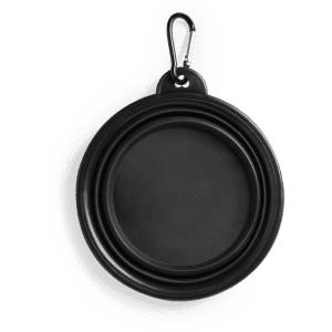 A black foldable bowl with a clip for easy attachment, designed for pet accessories.