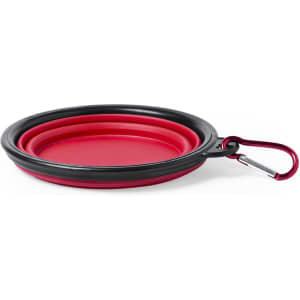 A foldable bowl in red and black, featuring a carabiner for easy attachment. Ideal for pet accessories.