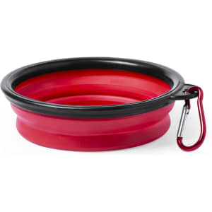 A foldable pet bowl in red and black, featuring a carabiner for easy attachment.