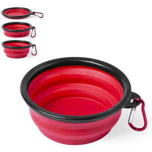 A foldable pet bowl in red and black, featuring a carabiner for easy attachment, displayed in three sizes.