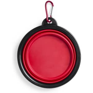 A foldable pet bowl in red and black, featuring a carabiner for easy attachment. Includes a logo.
