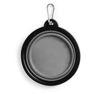 A foldable bowl in black and grey, featuring a carabiner clip for easy attachment. Includes a logo.