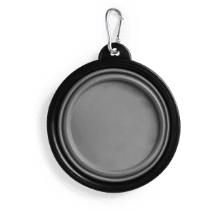 A foldable bowl in black and grey, featuring a carabiner for easy attachment. It has a logo visible on the side.