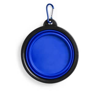 A foldable pet bowl in blue and black, featuring a carabiner for easy attachment.