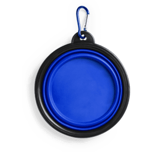 A foldable bowl in black and blue, featuring a carabiner for attachment. Suitable for pet use.