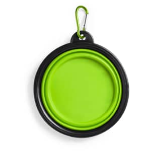A foldable bowl in black and bright green, featuring a carabiner for easy attachment.