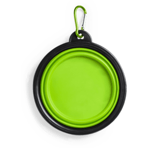 A foldable bowl in vibrant green and black, featuring a carabiner for easy attachment.