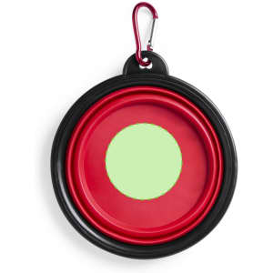 A foldable bowl in black and red with a green centre, featuring a carabiner clip for easy attachment.
