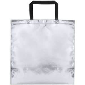 A silver promotional bag with black handles and a minimalist design. It features a logo on the exterior.