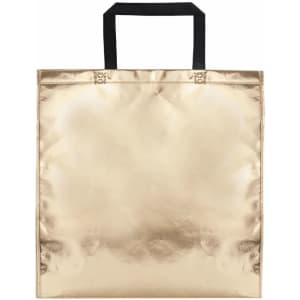 A shiny gold bag with black handles and a smooth surface, featuring a logo.