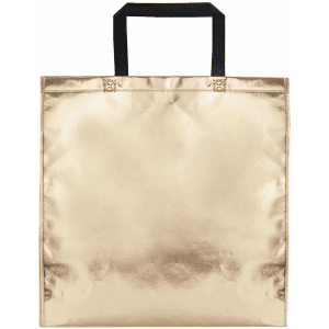 A metallic gold bag with black handles, featuring a sleek, glossy finish. It has a simple design without visible logos.