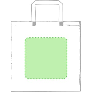 A plain, lightweight tote bag in white with a green outlined square in the centre, featuring handles for carrying.