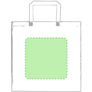 A white tote bag with green accents and handles, featuring a square area for customization.
