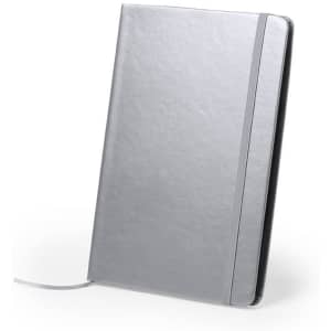A silver notepad with a smooth cover, featuring a protective band and bookmark ribbon.