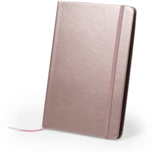 A rose gold notepad featuring a smooth finish, an elastic closure, and a ribbon marker.