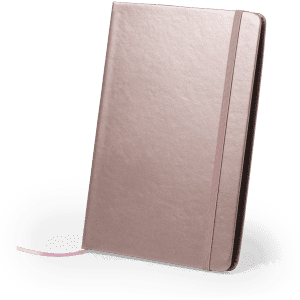 A pink Bodley notepad with a smooth finish, featuring an elastic band and a ribbon marker.