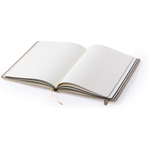 An open Bodley Notepad with blank, white pages and a brown cover, featuring a ribbon bookmark.