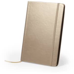 A gold notepad with a smooth finish, featuring an elastic band and ribbon bookmark. It has a logo on the cover.