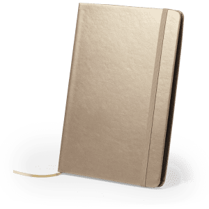 A gold notepad with a textured cover, featuring a ribbon bookmark and an elastic band closure.
