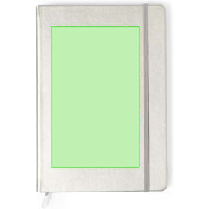 A grey notepad with a green rectangular space on the cover and an elastic band closure.