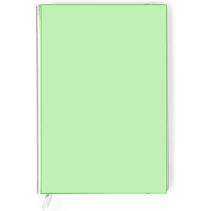 A notepad with a light green cover and a silver spine, featuring a ribbon bookmark and a logo.