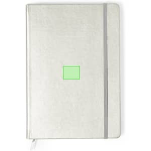 A grey notepad with a textured cover, featuring an elastic band and a rectangular branding area.