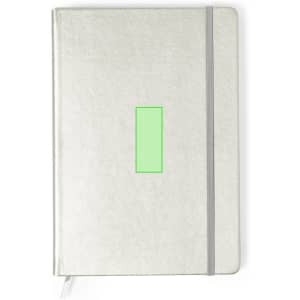 A silver notepad featuring a grey elastic band and a logo on the cover.