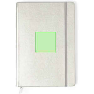 A light grey notepad with a grey elastic band, featuring a blank green square for customisation.