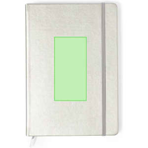 A silver-grey notepad featuring a grey elastic band and a blank rectangular area on the front.