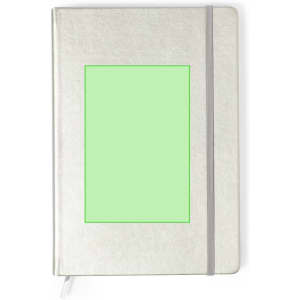 A grey notepad with a flexible cover, featuring a grey elastic band and a blank rectangular area on the front.