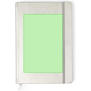 A grey notepad with a grey elastic band and a blank green square cover. It features a logo on the front.