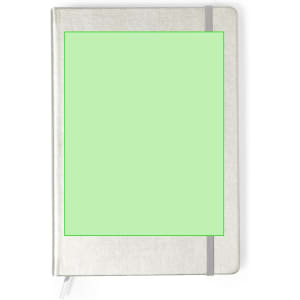A light grey notepad with a green blank cover and a grey elastic band. It has a branding logo on the front.