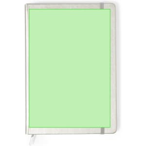 A green notepad with a textured cover and a grey elastic band. It includes a logo on the front.