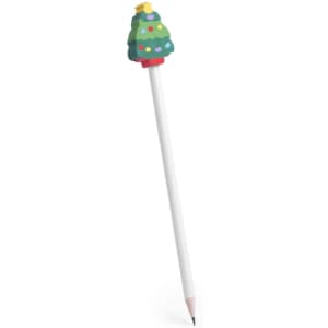 A decorative pencil featuring a green Christmas tree-shaped topper with coloured ornaments and a white barrel.