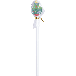 A grey lead pencil with a white body and a decorative green Christmas tree topper. It features a branding logo.