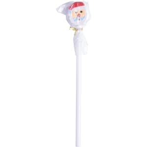 A white pencil featuring a festive Santa-themed topper, packaged in clear plastic with a gold twist tie.