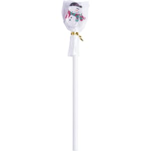 A white pencil with a decorative snowman topper, wrapped in clear plastic. The pencil features a gold tie.