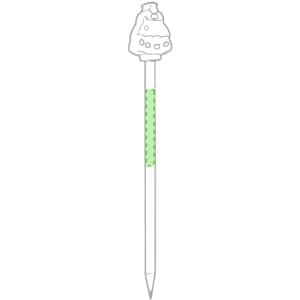 A grey-lead pencil with a green decorative element and a unique shaped top, featuring a logo.