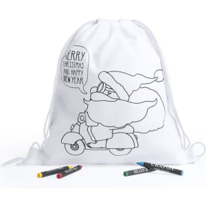 A white drawstring bag featuring a cartoon Santa riding a scooter, alongside four colourful fabric markers.