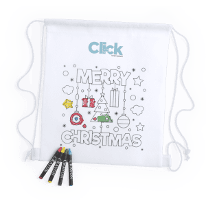 A white drawstring bag with a festive Christmas colouring design and a set of coloured crayons.