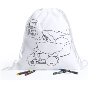 A white drawstring bag featuring a Christmas-themed design with a Santa on a scooter, accompanied by colourful crayons.