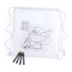 A white drawstring bag featuring a cartoon design of Santa on a scooter, accompanied by four multicoloured crayons.