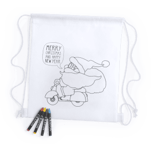 A white drawstring bag with a festive design featuring Santa on a scooter, accompanied by coloured crayons.