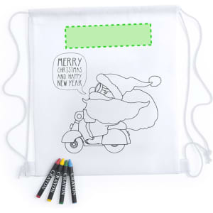 A white drawstring bag featuring a Santa illustration and a blank area for customisation, accompanied by four coloured markers.